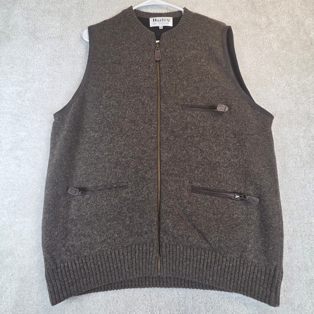 Harley of Scotland Mens Brown Wool Full Zip Sweater Vest Made in Scotland Size M